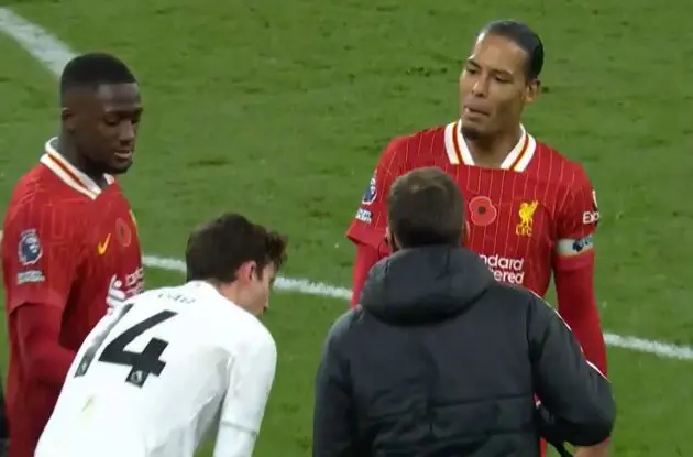 Virgil van Dijk argues with Pau Torres