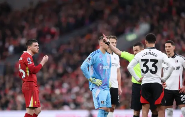Andy Robertson is sent off against Fulham