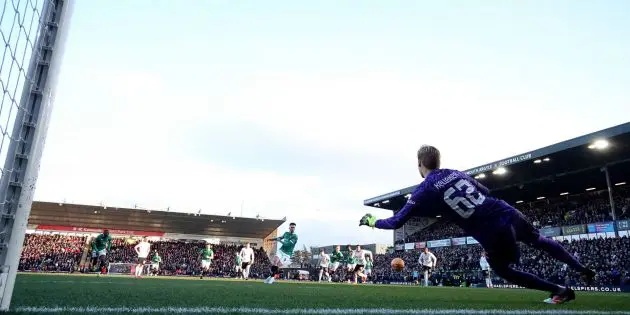 Caoimhin Kelleher is beaten from the spot against Plymouth