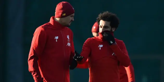Mo Salah and Dejan Lovren in training for Liverpool