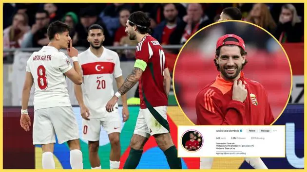 Dominik Szoboszlai laughs next to picture of Arda Guler shushing him.