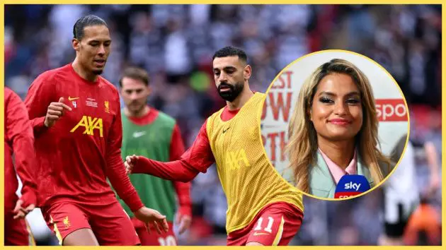 Mo Salah and Virgil van Dijk warm up ahead of Carabao Cup final next to picture of Melissa Reddy.