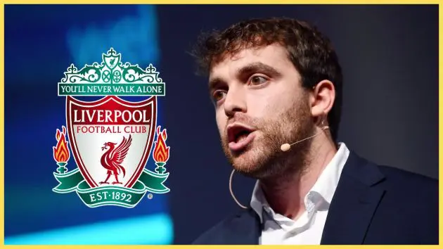 Fabrizio Romano speaks next to Liverpool club crest.