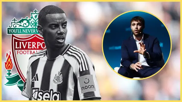 Alexander Isak looks at Fabrizio Romano in front of Liverpool club crest.