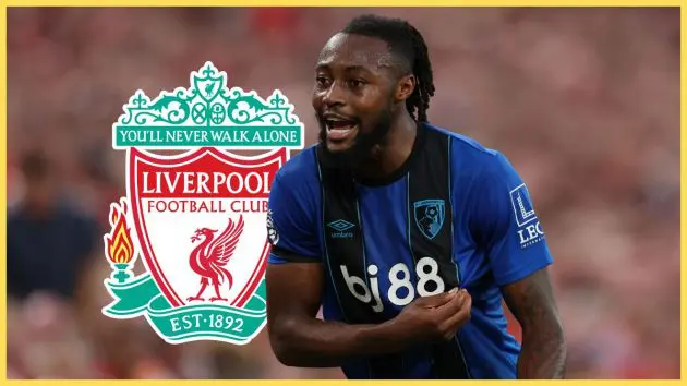 Antoine Semenyo tugs at his Bournemouth shirt next to Liverpool club crest.