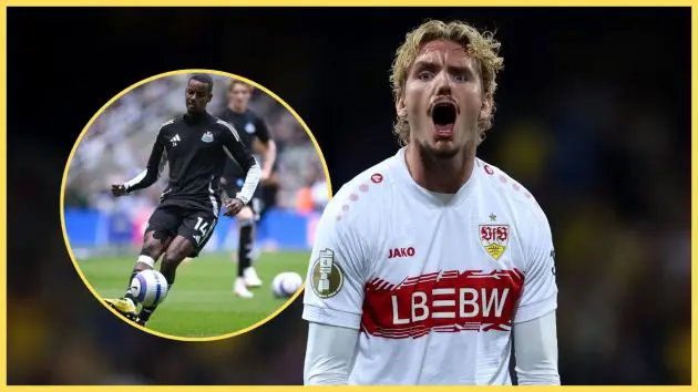 Nick Woltemade shouts next to a picture of Alexander Isak kicking a football.