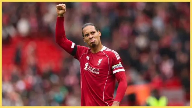 Virgil van Dijk celebrates beating Everton