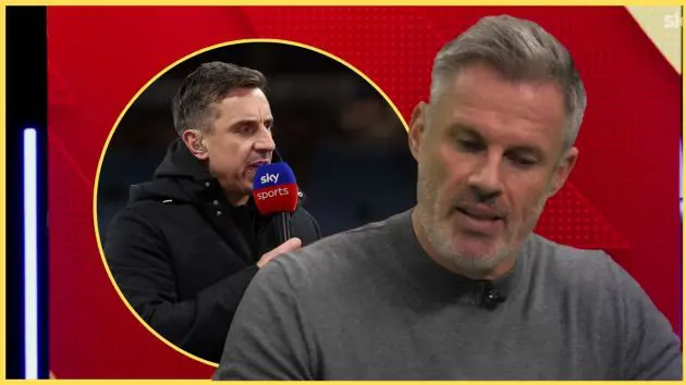 Jamie Carragher looks down in front of a picture of Gary Neville holding a microphone.