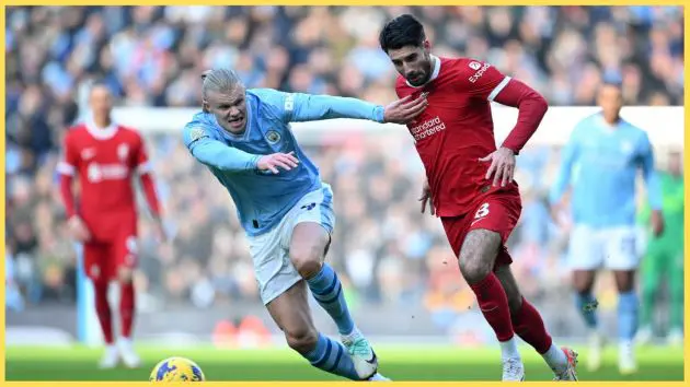 Erling Haaland and Dominik Szoboszlai in action against one another in November 2023