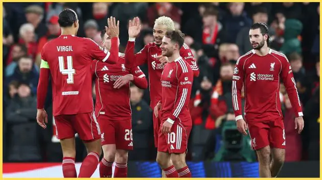 Liverpool players celebrate a goal in their 6-0 win over Qarabag in January