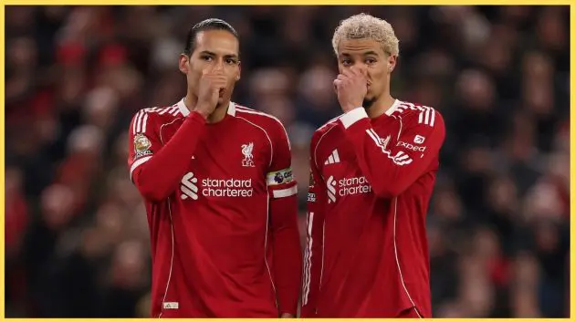 Virgil van Dijk and Hugo Ekitike share a few words during Liverpool's defeat to Manchester City