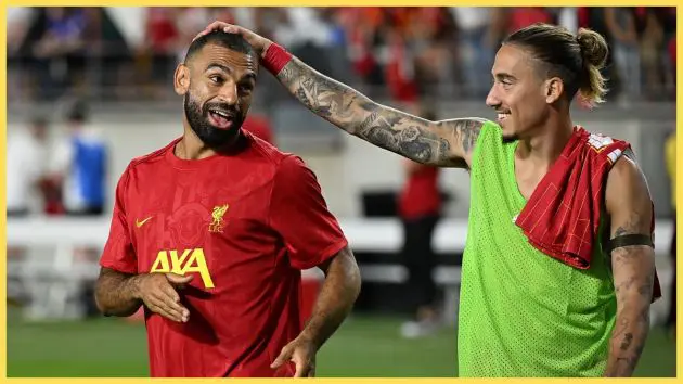 Mohamed Salah of Liverpool walks off the field with Kostas Tsimikas following a 1-0 win in the pre-season friendly against Real Betis at Acrisure Stadium on July 26, 2024 in Pittsburgh, Pennsylvania