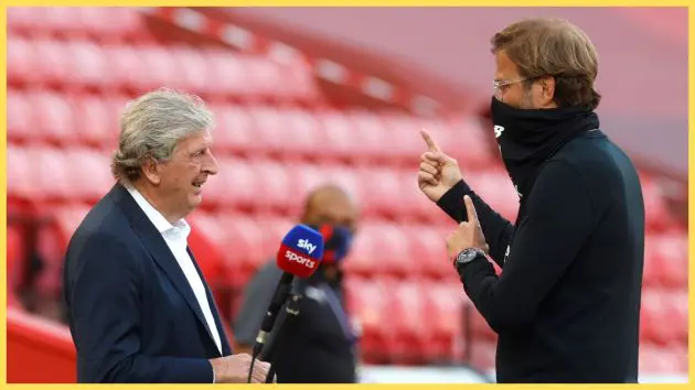 Roy Hodgson, Manager of Crystal Palace speaks with Jurgen Klopp, Manager of Liverpool ahead of the Premier League match between Liverpool FC and Crystal Palace at Anfield on June 24, 2020