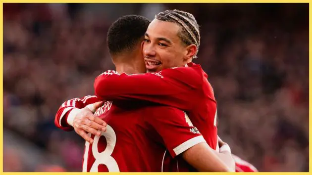 Hugo Ekitike and Cody Gakpo celebrate for Liverpool