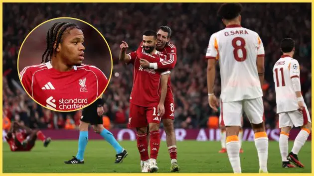 Mo Salah and Dominik Szoboszlai celebrate during Liverpool's 4-0 win over Galatasaray