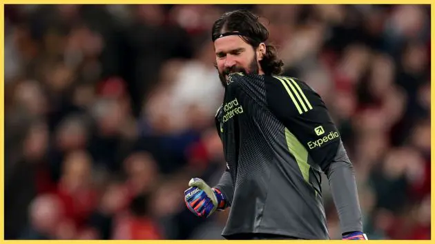 Alisson Becker of Liverpool during the UEFA Champions League 2025/26 Round of 16 Second Leg match between Liverpool FC and Galatasaray SK at Anfield