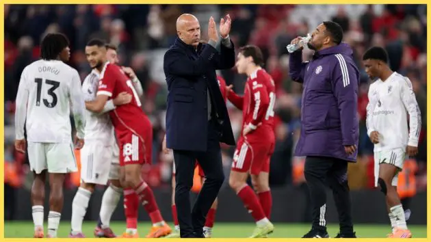 Arne Slot, Manager of Liverpool, applauds the fans following defeat in the Premier League match between Liverpool and Manchester United at Anfield