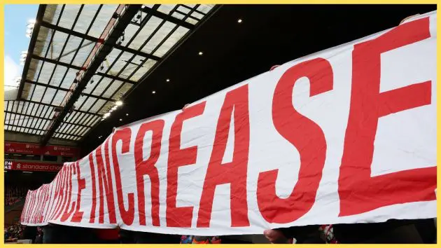Fans of Liverpool display a banner in protest to the raising prices prior to the Premier League match between Liverpool and Fulham at Anfield
