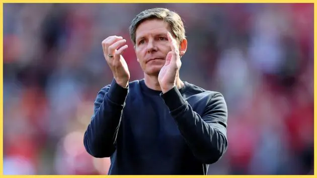 Oliver Glasner, Manager of Crystal Palace, applauds the fans following defeat during the Premier League match between Liverpool and Crystal Palace at Anfield