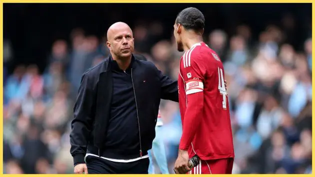 Arne Slot, Manager of Liverpool, and Virgil van Dijk of Liverpool react at full time following defeat during the Emirates FA Cup Quarter Final match between Manchester City and Liverpool at Etihad Stadium