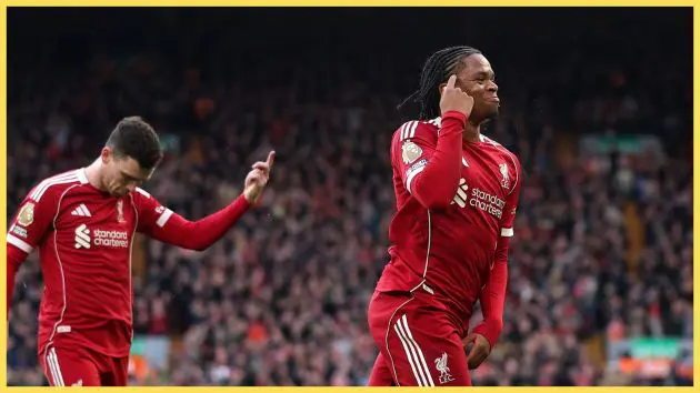 Rio Ngumoha taps his head during Liverpool game.
