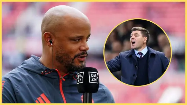 Vincent Kompany holds a microphone and looks at a shouting Steven Gerrard.