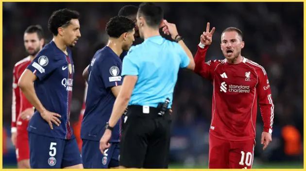Alexis Mac Allister protests to Jose Maria Sanchez Martinez during Liverpool's defeat to PSG