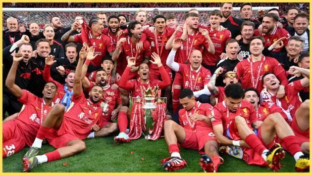 Liverpool players and staff celebrate winning the Premier League in 2025