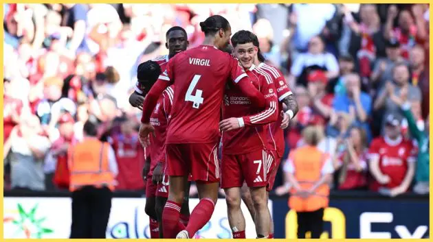 Virgil van Dijk celebrates with Florian Wirtz during Liverpool's win over Crystal Palace