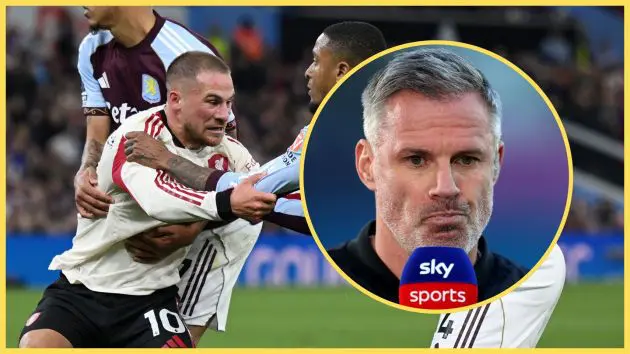 Liverpool midfielder Alexis Mac Allister grapples with Aston Villa player as Jamie Carragher looks angry.