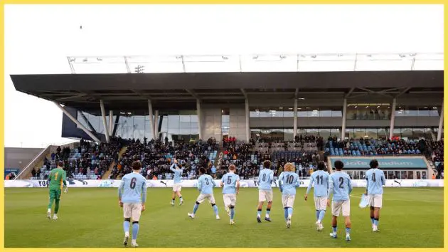 Players of Manchester City take their positions on the pitch prior to the FA Youth Cup Final match between Manchester City and Manchester United at Joie Stadium