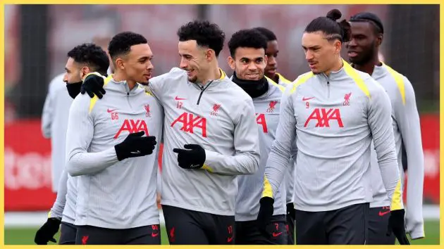 Trent Alexander-Arnold, Curtis Jones, Luis Diaz and Darwin Nunez of Liverpool during the UEFA Champions League 2024/25 League Phase MD6 training session at AXA Melwood Training Centre