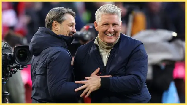 Niko Kovac, Head Coach of Borussia Dortmund interacts with Bastian Schweinsteiger prior to the Bundesliga match between FC Bayern München and Borussia Dortmund at Allianz Arena