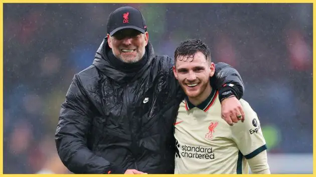 Jurgen Klopp, Manager of Liverpool celebrates their sides victory with Andrew Robertson after the Premier League match between Burnley and Liverpool at Turf Moor