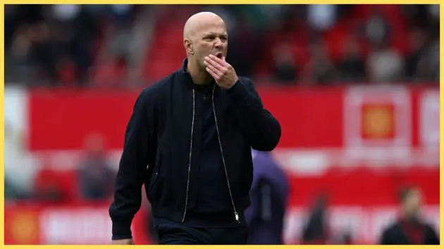 Arne Slot, Manager of Liverpool, reacts following the Premier League match between Manchester United and Liverpool at Old Trafford