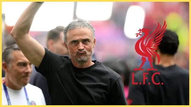 PSG head coach Luis Enrique pumps his arm in celebration next to Liverpool club crest.