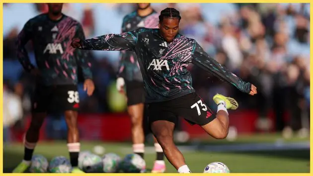 Liverpool winger Rio Ngumoha lifts his leg to strike the ball.