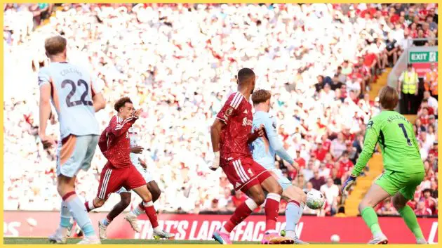 Curtis Jones scores for Liverpool against Brentford on Sunday