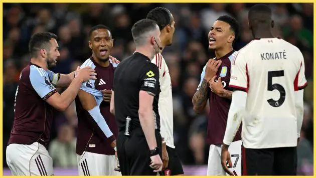 Aston Villa and Liverpool players have a word with Chris Kavanagh