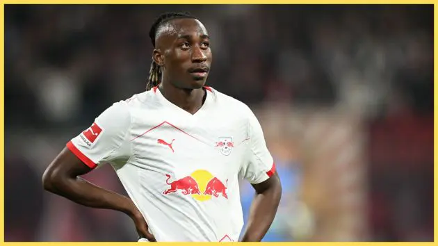 Liverpool-linked Yan Diomande puts his hands on his hips during RB Leipzig game.