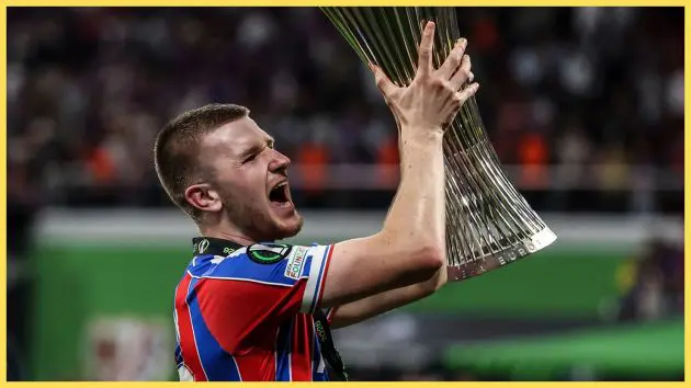 Liverpool transfer target Adam Wharton lifts UEFA Conference League trophy for Crystal Palace.