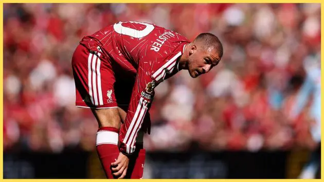 Reported Real Madrid target Alexis Mac Allister rubs his shin during a Liverpool game in the Premier League.