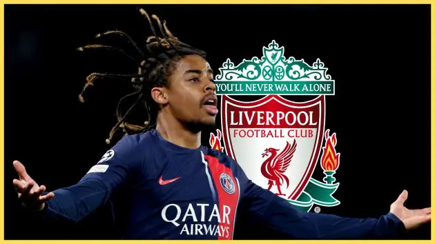 PSG winger Bradley Barcola holds his arms out wide in celebration next to Liverpool club crest.