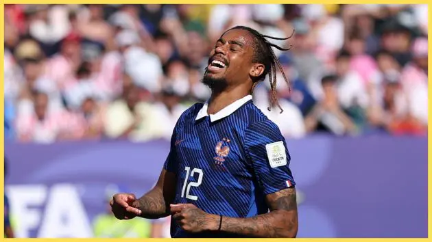 Liverpool transfer target Bradley Barcola laughs during France game at the World Cup.