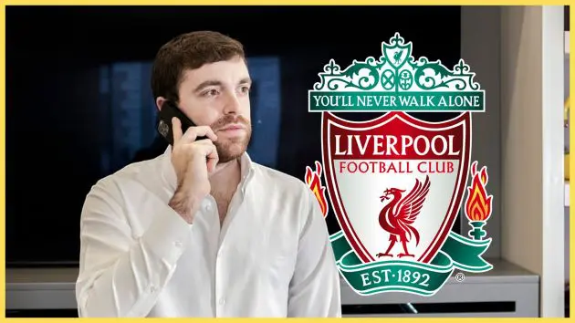 Transfer news expert Fabrizio Romano speaks on a phone next to Liverpool club crest.