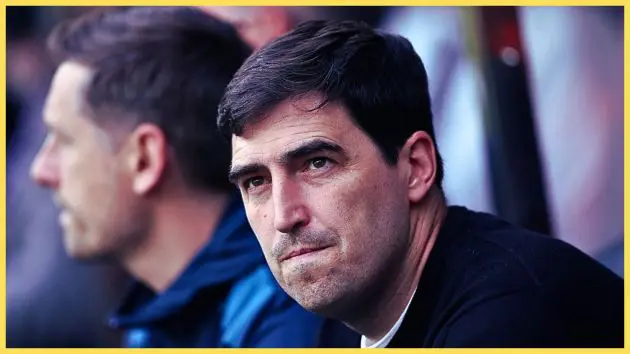 Liverpool manager Andoni Iraola is sat on the Bournemouth bench.