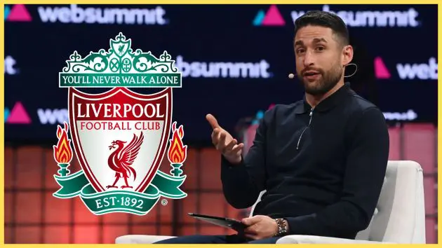 Transfer news expert David Ornstein gestures next to Liverpool FC club badge.