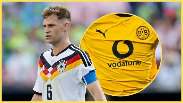 Joshua Kimmich looks away from Liverpool target Daniel Svensson's Dortmund shirt.