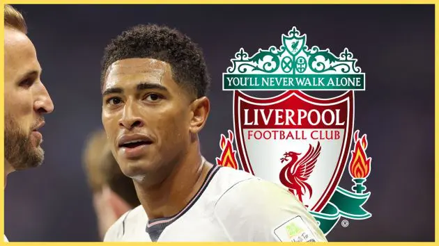 Jude Bellingham looks on in front of Liverpool club badge during England game at the World Cup.
