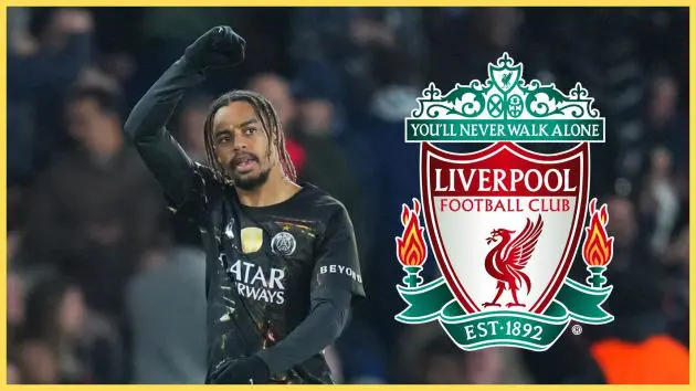 PSG winger Bradley Barcola pumps his fist in the air in celebration next to Liverpool club crest.